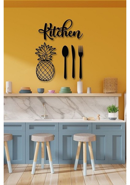 Siyah Ahşap Kitchen Ananas 5 Parça Duvar Dekoru Yazısı - Mutfak Cafe Için Lazer Kesim 35 x 45 cm Tablo fırsatları