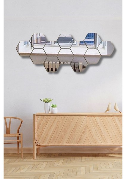 Gümüş Pleksi 12 Parça Petek Şekilli Duvar Dekoru Salon Oturma Yatak Odası Antre Için 120 x 40 cm Ayna