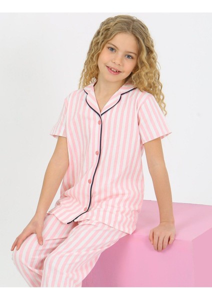 %100 Pamuklu Yumuşak Dokulu Pembe Çizgili Kız Pijama Takımı