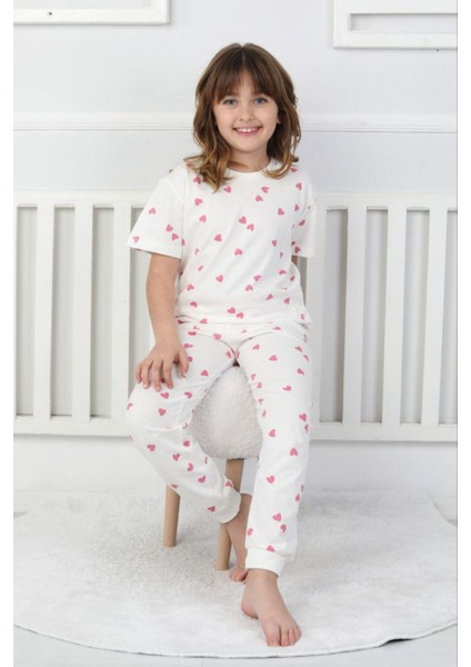 Pembe Kalpli Beyaz Kısa Kollu Kız Pijama Takımı %100 Pamuk fiyatları
