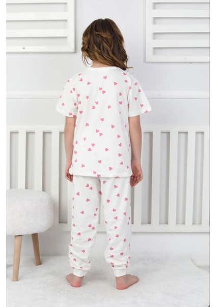 Pembe Kalpli Beyaz Kısa Kollu Kız Pijama Takımı %100 Pamuk modelleri