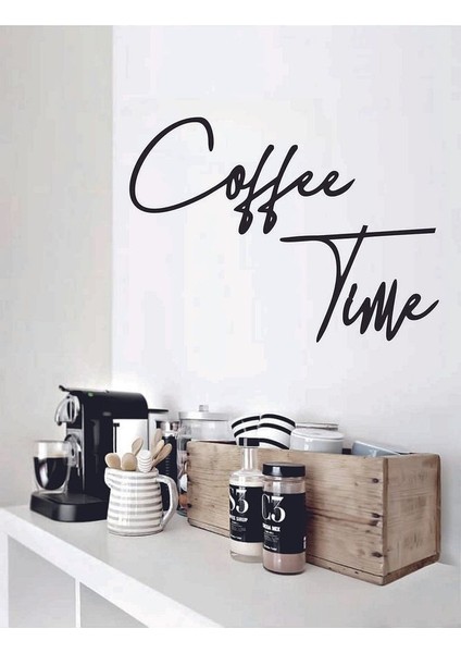 Siyah Ahşap Coffee Time Duvar Dekoru - Mutfak Konsepti Kahve Köşesi Ev Dekorasyon 45 x 30 cm Tablo