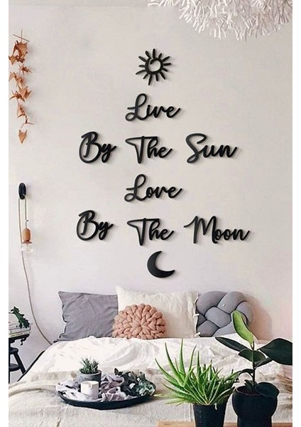 Siyah Ahşap Live By The Sun Love By The Moon Duvar Dekoru Salon Yatak Odası Için 90 x 80 cm Tablo