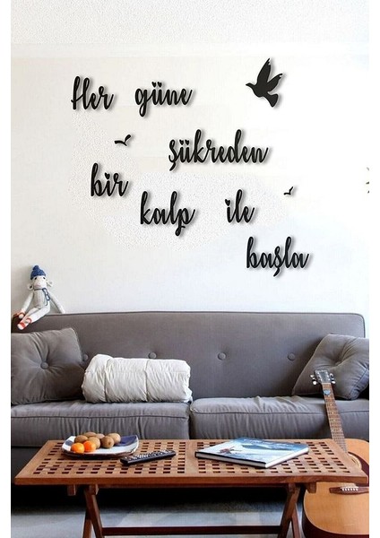 Siyah Ahşap Her Güne Şükreden Bir Kalp ile Başla Duvar Dekoru Salon Oturma Yatak Odası 60 x 60 Tablo
