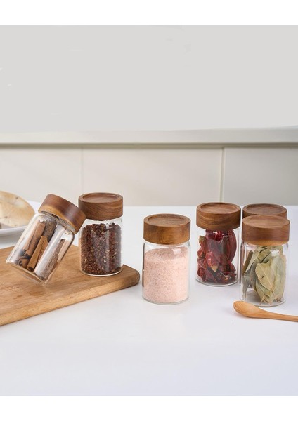 6'lı Akasya Kapaklı Cam Baharat Kavanozu Etiketli Baharat Seti 200ML