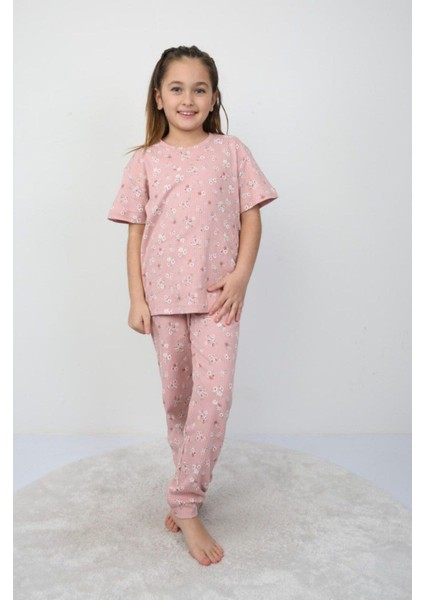 %100 Pamuklu Yumuşacık Pembe Çiçekli Kız Pijaması
