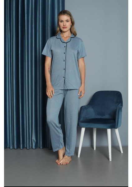 Işılay Mavi Önden Düğmeli Viskon Kumaş Kısa Kollu Bayan Pijama Takımı 15700-M