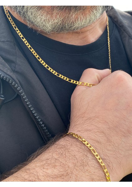 Örme Model Paslanmaz Çelik Erkek Bileklik ve Kolye Set Altın Renk