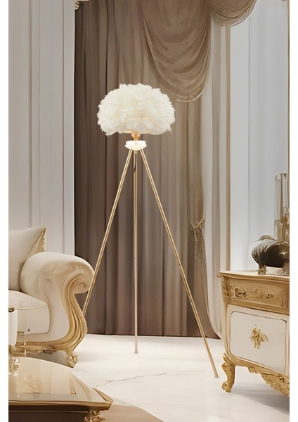 Belenay Gold Tüylü Lambader Modern Oturma Odası, Yatak Odası, Salon Lambader