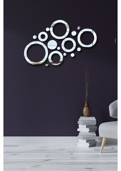 Gümüş Pleksi Ayna Daireler Duvar Dekoru Salon Oturma Yatak Odası Ofis Antre Için 50 x 70 cm Ayna Seti