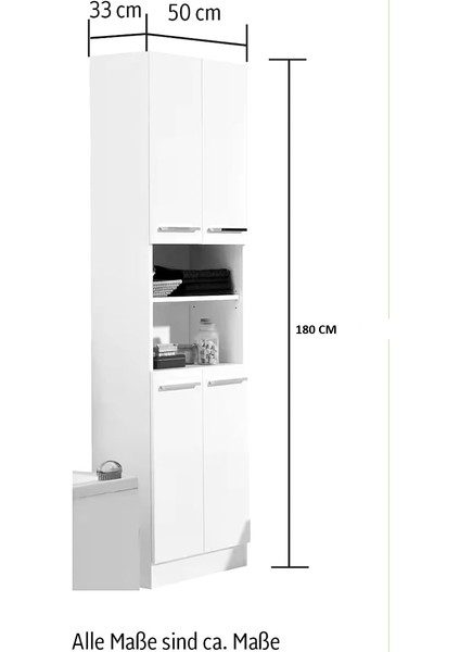Beyaz ve Siyah Mermer Desenli Çok Amaçlı Dolap – 4 Kapaklı, Orta Raflı, Şık ve Modern Tasarım