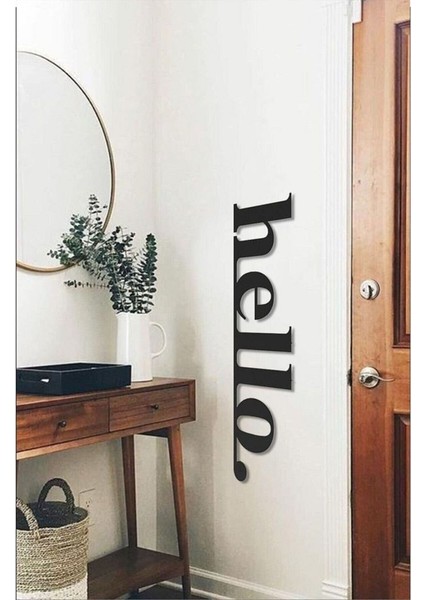 Siyah Ahşap Hello Duvar Dekoru - Ev Dekorasyon Kapı Süsü Ofis Cafe Antre Için 40 x 15 cm Tablo