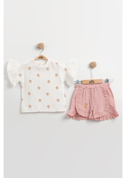 Ayıcıklı Müslin Kız Bebek Şortlu Takımı Seti %100 Pamuk