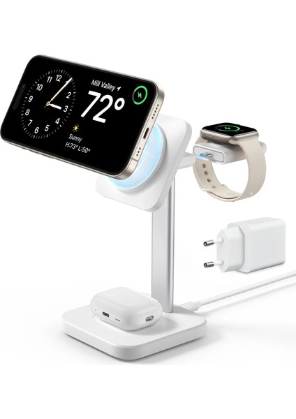 Halolock 3 In 1 iPhone + Airpods + Apple Watch Magsafe Şarj Standı Beyaz ( Apple Mfm Lisans ) + ( 20W Şarj Adaptör ile Gelir )