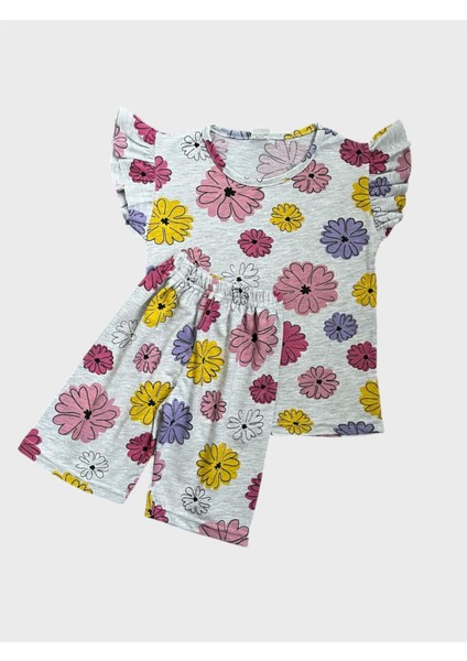 Kız Çocuk Pamuklu Gri Renk Çiçek Desenli Kısa Kollu Şortlu Yazlık Pijama Takımı