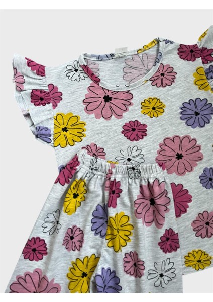 Kız Çocuk Pamuklu Gri Renk Çiçek Desenli Kısa Kollu Şortlu Yazlık Pijama Takımı