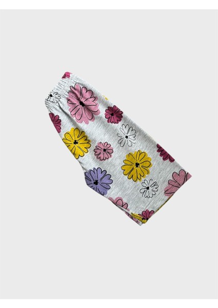 Kız Çocuk Pamuklu Gri Renk Çiçek Desenli Kısa Kollu Şortlu Yazlık Pijama Takımı