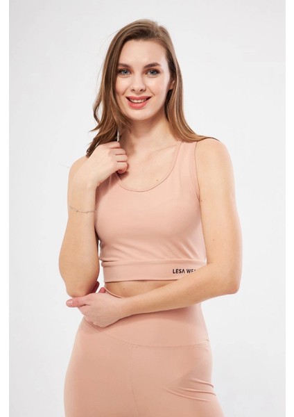 Kolsuz Sporcu Baskılı Crop - Bej