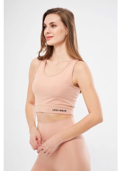 Kolsuz Sporcu Baskılı Crop - Bej