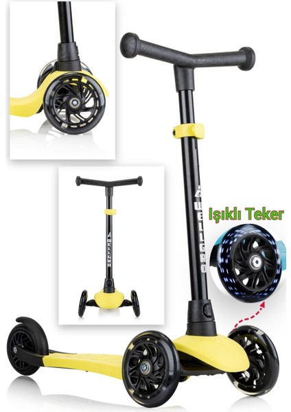Işıklı Scooter, 3 Tekerli Yükseklik Ayarlı Çocuk Scooter, Sarı