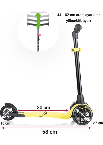 Işıklı Scooter, 3 Tekerli Yükseklik Ayarlı Çocuk Scooter, Sarı