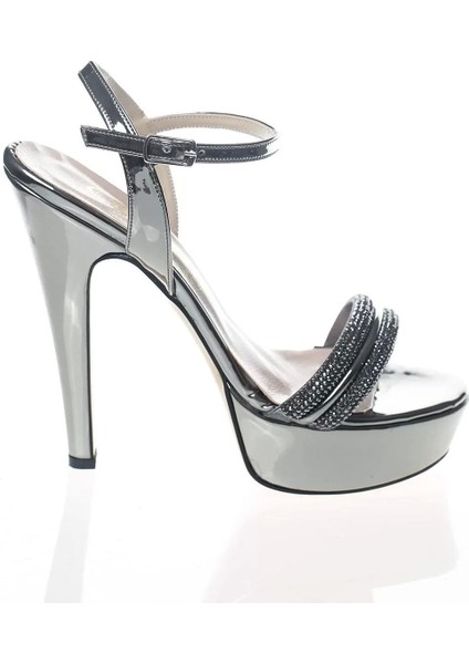Kadın Moda Şık Platin Ayna Double Taş Topuklu Zarif Tasarım Düğün Nişan Gece Abiye Ayakkabı