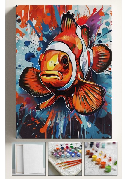 Sayılarla Boyama Çerçeveli Hobi Seti Numaralı Tuval Fırça Boya Dahil Kasnaklı 40X50 cm Turuncu Balık