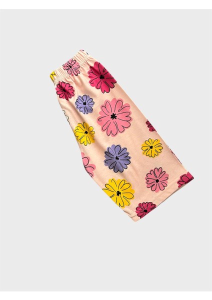 Kız Çocuk Pamuklu Yavruağzı Renk Çiçek Desenli Kısa Kollu Şortlu Yazlık Pijama Takımı