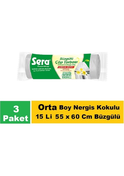 Çöp Torbası Büzgülü Nergis Kokulu Orta Boy 15 Li 55 x 60 cm x 3 Paket