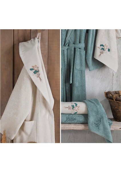 Nakışlı Bambu 6 Parça Aile Bornoz Takımı Mint - Ekru fiyatları