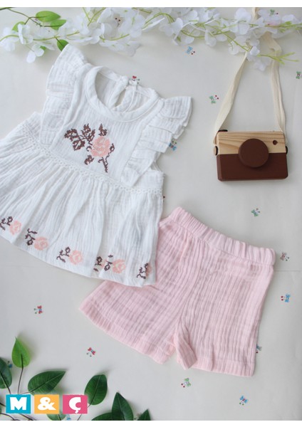 Kız Kanaviçe Muslin Takım Elbise Kız Çocuk Bebek Elbise