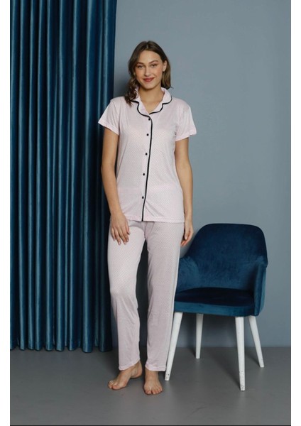 Işılay Somon Önden Düğmeli Viskon Kumaş Kısa Kollu Bayan Pijama Takımı 15700-S