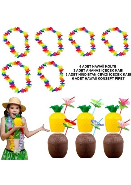 Tropikal Hawaii Parti Malzemeleri – Kolye, Pipet, Bardak Seti