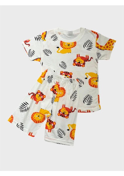 Erkek Çocuk Beyaz Renk Safari Aslan Desenli Kısa Kollu Şortlu Yazlık Pijama Takımı