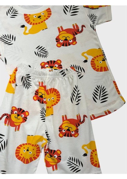 Erkek Çocuk Beyaz Renk Safari Aslan Desenli Kısa Kollu Şortlu Yazlık Pijama Takımı fiyatları