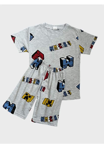 Erkek Çocuk Gri Renk Küp Desenli Kısa Kollu Şortlu Yazlık Pijama Takımı