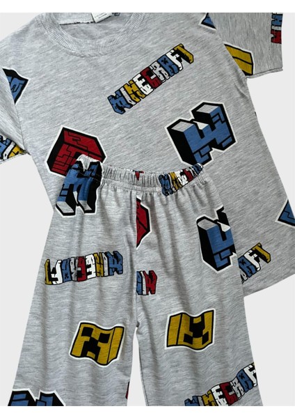 Erkek Çocuk Gri Renk Küp Desenli Kısa Kollu Şortlu Yazlık Pijama Takımı