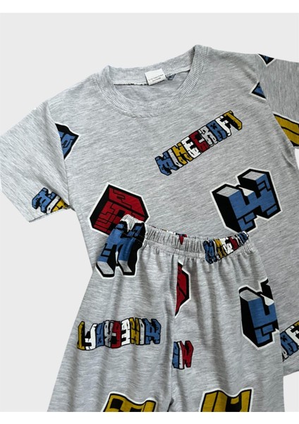 Erkek Çocuk Gri Renk Küp Desenli Kısa Kollu Şortlu Yazlık Pijama Takımı