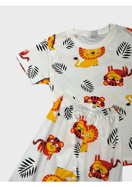 Erkek Çocuk Beyaz Renk Safari Aslan Desenli Kısa Kollu Şortlu Yazlık Pijama Takımı