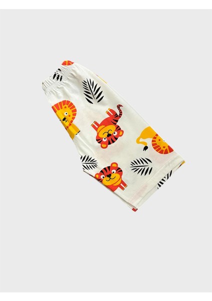 Erkek Çocuk Beyaz Renk Safari Aslan Desenli Kısa Kollu Şortlu Yazlık Pijama Takımı