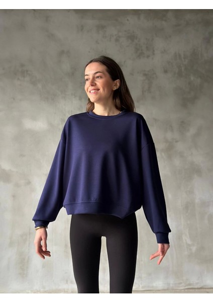 Osy Modal Yumuşak Dokulu Kumaş Bisiklet Yaka Oversize Sweatshirt - Lacivert
