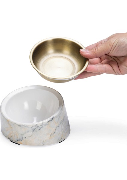 Dbl Kedi Mama Su Kabı, Paslanmaz Çelik, Bej Mermer Görünümlü, 14,5x3,3x7,6cm, 160ML Svlrs modelleri