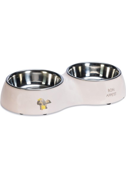 Köpek İkili Mama ve Su Kabı, Paslanmaz Çelik, Pudra Pembe, 34x17,5cm, 2x350ml