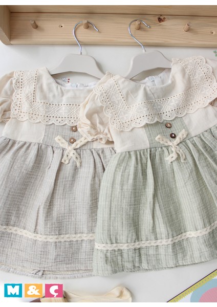 Kız Keten Yaka Muslin Bebek Çocuk Elbise Özel Günller Bayram Elbise