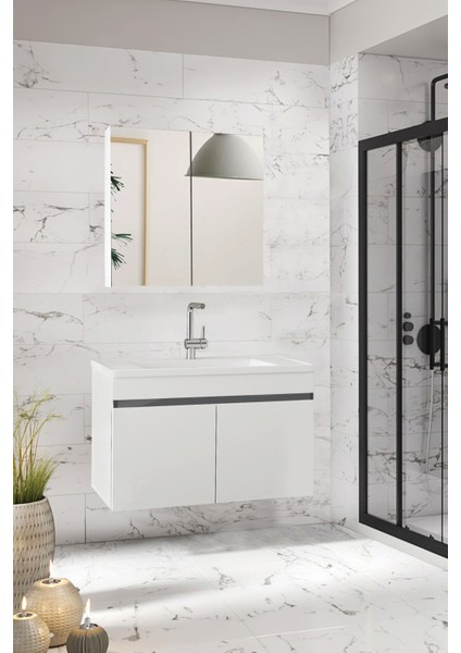 Viola-M 80 cm Komple Mdf Banyo Dolabı, Seramik Lavabolu Banyo Dolabı Seti Hazır Kurulu-B-An