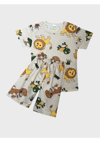 Erkek Çocuk Bej Renk Safari Desenli Kısa Kollu Şortlu Yazlık Pijama Takımı