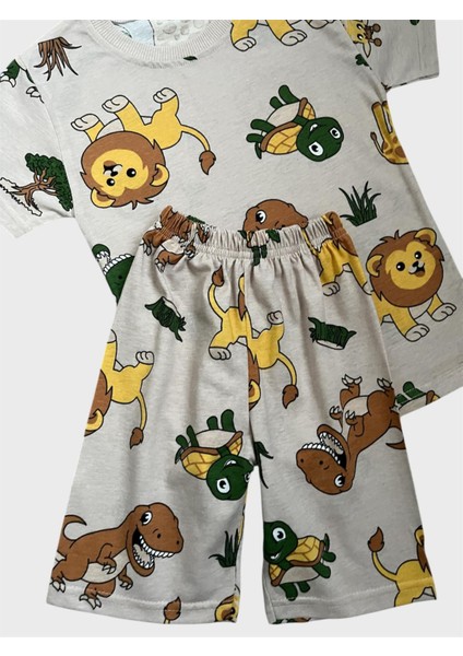 Erkek Çocuk Bej Renk Safari Desenli Kısa Kollu Şortlu Yazlık Pijama Takımı