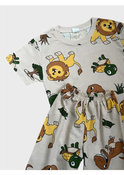 Erkek Çocuk Bej Renk Safari Desenli Kısa Kollu Şortlu Yazlık Pijama Takımı