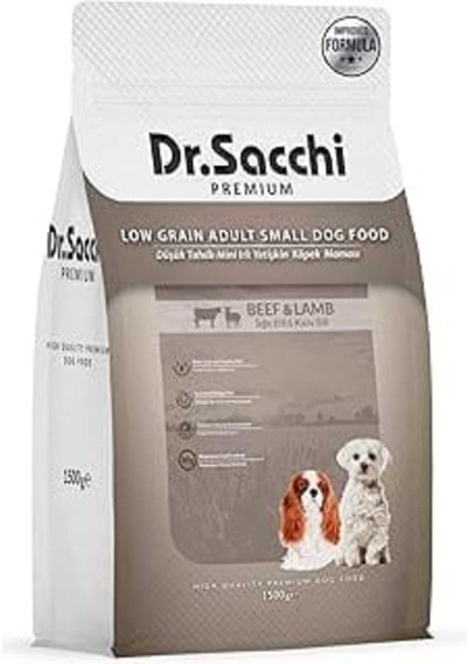 Dr.sacchi Premium Düşük Tahıllı Sığır Etli ve Kuzu Etli Mini Irk Yetişkin Köpek Maması 1,5 kg