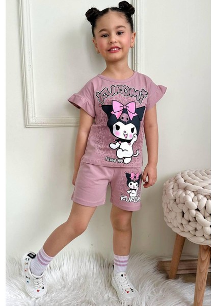 Linna Kuromi Baskılı Alt Üst T-Shirt Şort Takım.. % 100 Pamuk Alt Üst Takım. Lastikli ve Kalın Ip Bağçıklı